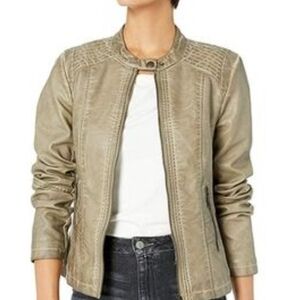 Sebby Collection Dark Beige Faux-Leather Racing Jacket Size XXL